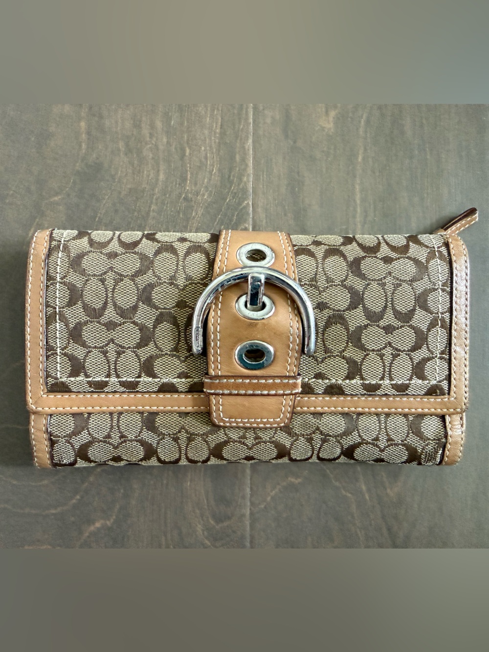 Coach Brown Canvas Zip Clutch Wallet with Tan Interior